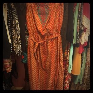 Strapless striped maxi with tie belt